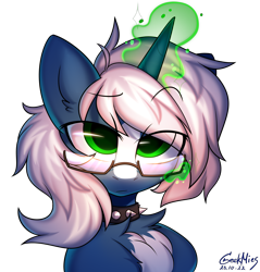 Size: 2862x3000 | Tagged: safe, artist:gicme, oc, oc only, oc:passi deeper, pony, unicorn, bust, coat markings, collar, eyebrows, eyebrows visible through hair, fluffy, glasses, glowing, glowing horn, green eyes, high res, horn, lidded eyes, looking at you, magic, magic aura, male, portrait, simple background, solo, spiked collar, stallion, telekinesis, transparent background, unicorn oc, watermark