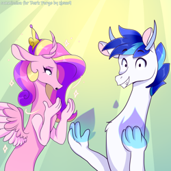 Size: 3000x3000 | Tagged: safe, artist:xjenn9, princess cadance, shining armor, draconequus, g4, draconequified, duo, duo male and female, female, grin, high res, husband and wife, male, smiling, species swap