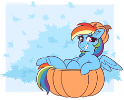 Size: 2550x2050 | Tagged: safe, artist:graphene, part of a set, rainbow dash, pegasus, pony, g4, cute, dashabetes, female, high res, leaves, looking at you, mare, pumpkin, sitting, smiling, smiling at you, solo