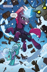 Size: 750x1155 | Tagged: safe, artist:tony fleecs, idw, glitter drops, tempest shadow, pony, timber wolf, unicorn, g4, my little pony: nightmare knights, spoiler:comic, broken horn, dialogue, duo, female, horn, magic, mare, speech bubble