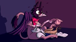 Size: 679x373 | Tagged: safe, artist:moped_cirrus, oc, oc only, changedling, changeling, griffon, blushing, changedling oc, changeling oc, feather, glasses, griffon oc, lying down, lying on top of someone, paper, prone, quill, red and black oc, shadow, sitting