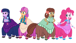 Size: 1892x1080 | Tagged: safe, artist:jadyellysparkle, pinkie pie, sunny starscout, twilight sparkle, yona, taur, equestria girls, g4, g5, cloven hooves, female, group, simple background, transparent background, yaktaur