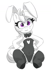 Size: 1522x2110 | Tagged: safe, artist:pabbley, amethyst star, sparkler, pony, unicorn, g4, black and white, bunny ears, bunny suit, clothes, eye clipping through hair, female, grayscale, hoof on hip, looking at you, mare, monochrome, partial color, simple background, smiling, smiling at you, solo, stockings, thigh highs, white background