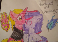 Size: 1056x757 | Tagged: safe, artist:starlightamethyst01, oc, oc:aramau, oc:firebrand, clothes, cute, cutie mark, female, firemau, glasses, jacket, male, oc x oc, ocbetes, shipping, straight, text, traditional art