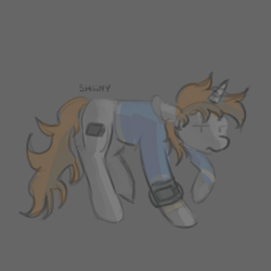 Size: 2000x2000 | Tagged: safe, artist:shiiiny, oc, oc only, oc:littlepip, pony, unicorn, fallout equestria, clothes, ears back, female, gray background, high res, jumpsuit, mare, pipbuck, raised hoof, signature, simple background, solo, standing, vault suit