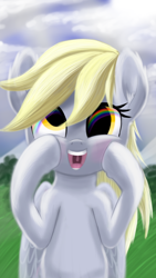 Size: 2160x3840 | Tagged: safe, artist:stellardust, derpy hooves, pegasus, pony, g4, 4k, cloud, cloudy, cute, derpabetes, ear fluff, eye reflection, female, grass, happy, high res, lineless, mare, open mouth, rainbow, reflection, solo