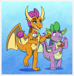 Size: 1181x1209 | Tagged: safe, artist:inuhoshi-to-darkpen, smolder, spike, dragon, g4, dragon wings, dragoness, female, food, gemstones, ice cream, ice cream cone, lidded eyes, male, open mouth, spread wings, teasing, tongue out, wide eyes, wings
