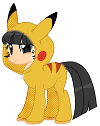 Size: 1601x2016 | Tagged: safe, artist:kellysweet1, derpibooru exclusive, oc, oc only, oc:hanako, earth pony, pikachu, pony, belt, clothes, cosplay, costume, crossover, female, hoodie, mare, older, pokémon, simple background, solo, transparent background