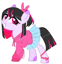 Size: 2079x2168 | Tagged: safe, artist:kellysweet1, derpibooru exclusive, oc, oc only, oc:hera-chan, earth pony, pony, bow, clothes, female, grin, hair bow, high res, hoodie, mare, raised hoof, simple background, skirt, smiling, solo, transparent background