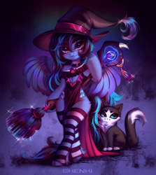 Size: 1367x1533 | Tagged: safe, artist:shenki, oc, oc:moonshine, cat, pegasus, pony, semi-anthro, abstract background, adorasexy, arm hooves, beautiful, beautisexy, bipedal, broom, chest fluff, clothes, costume, crossed legs, cute, cute porn, female, fluffy, gem, halloween, halloween costume, happy, hat, holiday, hoof hold, hooves, horn, looking at you, magic, ocbetes, outfit, pegasus oc, sexy, smiling, smiling at you, socks, solo, sparkles, spread wings, stockings, striped socks, thigh highs, thighs, wings, witch, witch hat