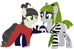 Size: 3432x2284 | Tagged: safe, artist:kellysweet1, derpibooru exclusive, oc, oc only, oc:ohasu, oc:sawa (ice1517), earth pony, pony, alternate hairstyle, beetlejuice, clothes, cosplay, costume, crossover, dress, eye scar, eyeshadow, facial scar, female, halloween, halloween costume, high res, holding hooves, hoof shoes, lesbian, lydia deetz, makeup, mare, oc x oc, ohasusawa, open mouth, ponytail, raised hoof, raised leg, scar, shipping, shirt, simple background, tattoo, transparent background
