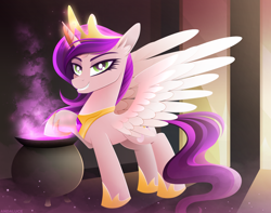 Size: 3290x2588 | Tagged: safe, artist:andaluce, pipp petals, alicorn, pony, mlp fim's twelfth anniversary, g5, alicornified, cauldron, colored wings, crown, eyebrows, female, glowing, glowing horn, grin, high res, horn, jewelry, lineless, looking at you, mare, pippcorn, race swap, regalia, skinny pipp, slender, smiling, smiling at you, solo, spread wings, thin, wings