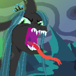 Size: 720x720 | Tagged: safe, artist:loose noose, queen chrysalis, changeling, changeling queen, g4, angry, black body, blue hair, cave, crown, fangs, female, forked tongue, green eyes, hissing, jewelry, long tongue, looking at you, open mouth, pixel art, regalia, rock, sharp teeth, slit pupils, solo, teeth, tongue out, uvula