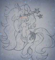 Size: 960x1045 | Tagged: safe, artist:starkey, starlight glimmer, oc, pony, unicorn, g4, barrette, crescent moon, embarrassed grin, full body, long mane, long tail, monochrome, moon, smiling, solo, stars, tail, traditional art