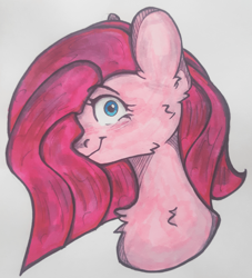 Size: 960x1056 | Tagged: safe, artist:starkey, pinkie pie, earth pony, pony, g4, blue eyes, bust, chest fluff, ear fluff, insanity, pink hair, pinkamena diane pie, portrait, smiling, solo, traditional art