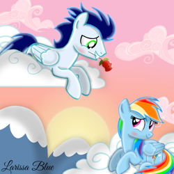 Size: 900x900 | Tagged: safe, artist:mlplary6, rainbow dash, soarin', pegasus, pony, g4, blushing, boyfriend and girlfriend, cloud, cute, female, flower, looking at each other, looking at someone, male, mare, mountain, romantic, rose, ship:soarindash, shipping, smiling, smiling at each other, stallion, straight, sunset