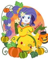 Size: 766x949 | Tagged: safe, artist:efuji_d, rarity, human, equestria girls, g4, autumn, clothes, cornucopia, cornucopia costumes, dress, evening gloves, female, gloves, grin, inflatable dress, lantern, long gloves, paper lantern, pumpkin, simple background, smiling, solo, white background