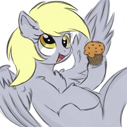 Size: 1280x1280 | Tagged: safe, artist:kusturbrick, derpy hooves, pegasus, pony, g4, chest fluff, cute, derpabetes, ear fluff, female, flying, food, happy, mare, muffin, open mouth, open smile, simple background, smiling, solo, spread wings, that pony sure does love muffins, white background, wings