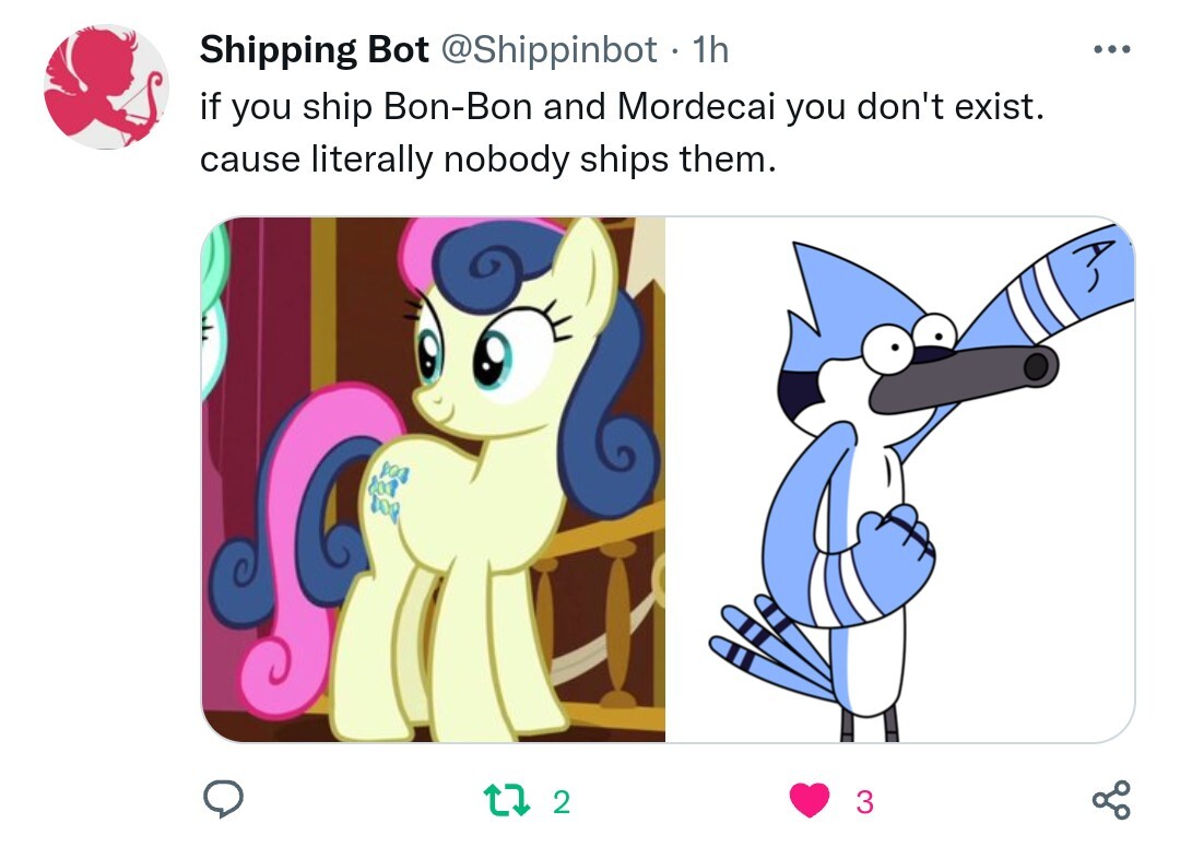 2973039 - safe, bon bon, sweetie drops, g4, crossover, crossover shipping,  male, meta, mordecai, regular show, shipping, tempting fate, twitter -  Derpibooru