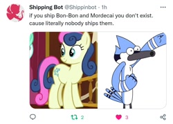 Size: 1080x775 | Tagged: safe, bon bon, sweetie drops, g4, crossover, crossover shipping, male, meta, mordecai, regular show, shipping, tempting fate, twitter