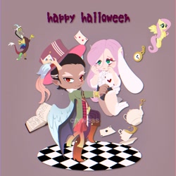 Size: 2048x2048 | Tagged: safe, artist:cryweas, discord, fluttershy, draconequus, human, pegasus, g4, animal costume, book, bunny costume, bunny ears, clothes, costume, female, food, halloween, halloween costume, hat, heart, high res, holiday, humanized, male, ship:discoshy, shipping, straight, tea, teapot, watch, wings