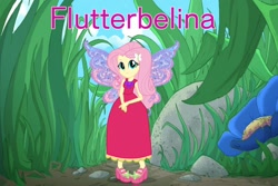 Size: 2048x1365 | Tagged: safe, artist:user15432, fluttershy, fairy, human, equestria girls, g4, blue sky, clothes, colored wings, crossover, dress, fairy tale, fairy wings, flower, gradient wings, grass, looking at you, pink dress, rock, smiling, sparkly wings, thumbelina, wings