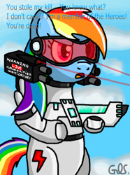 Size: 298x400 | Tagged: safe, artist:mudkip91/tetrahedron, rainbow dash, pegasus, pony, my little portal, g4, cloud, colored text, crossover, dash-e, digital art, flying, gun, holding, mod of redemption, portal (valve), sky, solo, talking, text, weapon