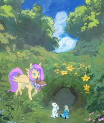 Size: 1573x1869 | Tagged: safe, artist:lykzoi, angel bunny, fluttershy, pegasus, pony, rabbit, g4, animal, basket, cute, doll, female, flower, mare, mouth hold, outdoors, scenery, shyabetes, toy