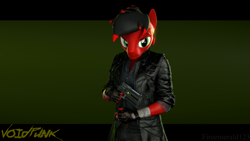 Size: 3840x2160 | Tagged: safe, artist:fireemerald123, oc, oc only, oc:page feather, anthro, 3d, clothes, gun, handgun, high res, jacket, leather, leather jacket, revolver, simple background, solo, source filmmaker, voidpunk, watermark