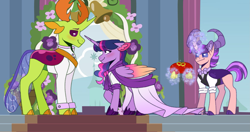 Size: 2453x1294 | Tagged: safe, artist:artistcoolpony, thorax, twilight sparkle, oc, alicorn, changedling, changeling, changepony, hybrid, pony, g4, clothes, commission, dress, family, female, interspecies offspring, jewelry, king thorax, levitation, magic, male, mare, marriage, offspring, parent:thorax, parent:twilight sparkle, parents:twirax, ring, shipping, straight, suit, telekinesis, twilight sparkle (alicorn), twirax, wedding, wedding dress, wedding ring