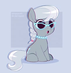 Size: 2042x2097 | Tagged: safe, artist:syrupyyy, silver spoon, earth pony, pony, g4, :o, abstract background, blushing, braid, cute, eye clipping through hair, female, filly, foal, glasses, hair tie, jewelry, necklace, no catchlights, open mouth, pearl necklace, ponytober, silverbetes, sitting, solo, syrupyyy is trying to murder us