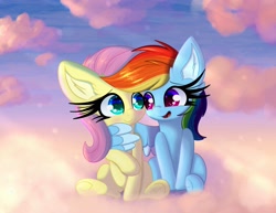 Size: 4096x3165 | Tagged: safe, artist:windykirin, fluttershy, rainbow dash, pegasus, pony, g4, best friends, cloud, cute, duo, ear fluff, female, hug, long eyelashes, on a cloud, sitting, sitting on a cloud, winghug, wings