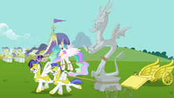 Size: 1280x720 | Tagged: safe, screencap, discord, princess celestia, twilight sparkle, alicorn, draconequus, pegasus, pony, unicorn, g4, keep calm and flutter on, chariot, female, male, mare, pegasus royal guard, petrification, royal guard, stallion, statue, unicorn twilight