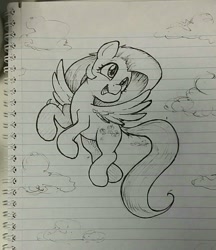 Size: 1080x1250 | Tagged: safe, artist:whiskeypanda, fluttershy, pegasus, pony, g4, cloud, cute, flying, happy, ink drawing, lined paper, open mouth, sky, solo, spread wings, traditional art, wings