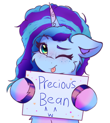 Size: 3379x3750 | Tagged: safe, artist:legionsunite, misty brightdawn, pony, unicorn, g5, my little pony: make your mark, :p, ;p, cute, daaaaaaaaaaaw, female, floppy ears, freckles, high res, holding, mare, mistybetes, one eye closed, sign, simple background, solo, tongue out, transparent background, unshorn fetlocks, weapons-grade cute, wink