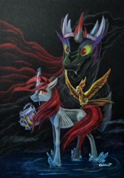Size: 2265x3241 | Tagged: safe, artist:cahandariella, king sombra, oc, oc:obsidian, bird, parrot, pony, unicorn, g4, black background, colored pencil drawing, concave belly, crying, crystal, dark, emaciated, friendship journal, high res, parent:king sombra, ribs, shadow, simple background, skinny, starvation, teary eyes, thin, traditional art, water