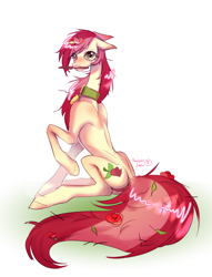 Size: 3068x4008 | Tagged: safe, artist:satan, roseluck, earth pony, pony, g4, brush, collar, commission, commissioner:doom9454, concave belly, cute, long legs, long tail, messy mane, messy tail, mouth hold, pony pet, rosepet, sitting, skinny, solo, tail, thin