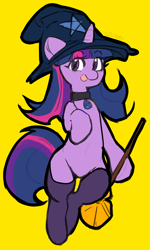 Size: 2400x4000 | Tagged: safe, artist:noria, twilight sparkle, unicorn, mlp fim's twelfth anniversary, broom, clothes, halloween, hat, holiday, simple background, sketch, socks, solo, stockings, thigh highs, tongue out, witch hat, yellow background