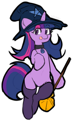 Size: 2400x4000 | Tagged: safe, alternate version, artist:noria, twilight sparkle, unicorn, mlp fim's twelfth anniversary, broom, clothes, halloween, hat, holiday, simple background, sketch, socks, solo, stockings, thigh highs, tongue out, white background, witch hat