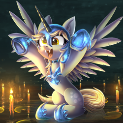 Size: 2000x2000 | Tagged: safe, artist:atlas-66, derpy hooves, nightmare moon, pegasus, pony, g4, candle, clothes, colored, cosplay, costume, cute, derpabetes, fake horn, fangs, female, high res, hoof shoes, lighting, mare, nightmare moon armor, nightmare night costume, raised hooves, slender, solo, spread wings, thin, wings