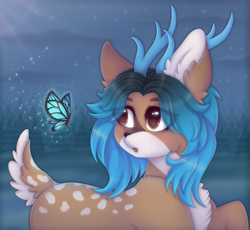 Size: 2500x2300 | Tagged: safe, artist:saltyvity, oc, butterfly, deer, deer pony, fawn, original species, pony, blue background, blue mane, blushing, brown eyes, cute, deer oc, ear fluff, fluffy, forest, forest background, high res, horns, magic, magic aura, moon, night, non-pony oc, solo, sparkles, stars, surprised face