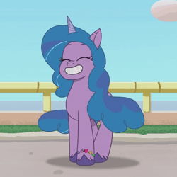 Size: 1080x1080 | Tagged: safe, artist:hashbro, edit, edited screencap, screencap, izzy moonbow, pony, unicorn, clip trot, g5, my little pony: tell your tale, spoiler:g5, spoiler:my little pony: tell your tale, spoiler:tyts01e07, animated, cute, female, happy, happy h. christmas, izzybetes, loop, looped, mare, maretime bay, music, silly, silly pony, sound, spinning, webm, you spin me right round
