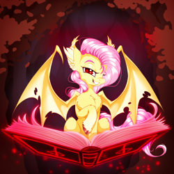 Size: 2500x2500 | Tagged: safe, artist:rurihal, fluttershy, bat pony, pony, g4, bat ponified, bat wings, book, chest fluff, colored hooves, ear fluff, ear tufts, female, flutterbat, grin, high res, leg fluff, looking at you, mare, race swap, raised hoof, red eyes, sitting, slit pupils, smiling, smiling at you, solo, spread wings, tattered, tattered wings, unshorn fetlocks, wings