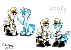 Size: 4500x3200 | Tagged: safe, artist:cdrspark, oc, oc only, oc:blue chewings, oc:spark apocalypse, earth pony, pegasus, pony, blue eyes, chew toy, clothes, clothes swap, duo, earth pony oc, female, folded wings, male, male and female, military uniform, pegasus oc, red eyes, two toned mane, uniform, wings