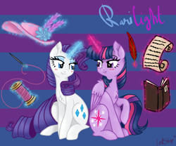 Size: 3000x2500 | Tagged: safe, artist:lostsheep, rarity, twilight sparkle, alicorn, pony, unicorn, g4, blushing, book, female, folded wings, hat, high res, lesbian, levitation, looking at each other, looking at someone, magic, needle, quill, scroll, ship:rarilight, shipping, telekinesis, thread, twilight sparkle (alicorn), wings
