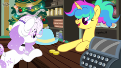 Size: 3000x1685 | Tagged: safe, artist:kannakiller, artist:npocto_14, oc, oc only, oc:midnight blizzard, pony, unicorn, base used, bits, boxes, buttons, cash register, choker, christmas, christmas decorations, christmas tree, collaboration, collar, decoration, digital art, duo, duo female, eyelashes, female, hat, holiday, horn, light, looking at someone, looking down, mare, pixel art, products, rack, score, sparkles, spruce tree, tail, tail wrap, tree, unicorn oc, veil, wood