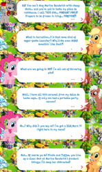Size: 2048x3438 | Tagged: safe, gameloft, idw, applejack, marine sandwich, pinkie pie, toffee truffle, earth pony, pony, g4, applejack's hat, cowboy hat, dialogue, english, event, game screencap, hat, high res, idw showified, text