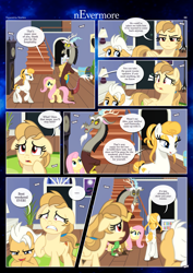 Size: 3259x4607 | Tagged: safe, artist:estories, discord, fluttershy, oc, oc:alice goldenfeather, oc:fable, oc:golden jewel, draconequus, earth pony, pegasus, pony, comic:nevermore, g4, colt, comic, female, filly, foal, high res, male, mare, speech bubble