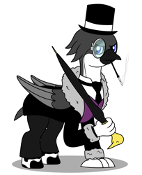 Size: 2160x2650 | Tagged: safe, artist:metal-jacket444, oc, oc only, bird, classical hippogriff, hippogriff, penguin, pony, batman, cigarette, cigarette holder, clothes, dc comics, hat, high res, male, monocle, necktie, oswald chesterfield cobblepot, penguin (dc comics), ponified, simple background, smoking, solo, suit, top hat, umbrella, white background