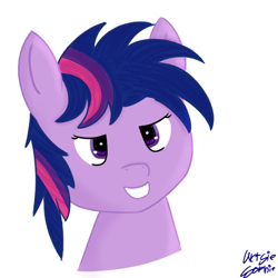 Size: 600x600 | Tagged: safe, artist:ideletedsystem64, twilight sparkle, g4, bust, evil, evil grin, female, grin, looking at you, mare, messy mane, purple eyes, simple background, smiling, solo, sparkly eyes, white background, wingding eyes